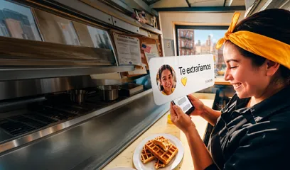 Persona recibiendo remesas desde el exterior en su celular mientras come waffles.