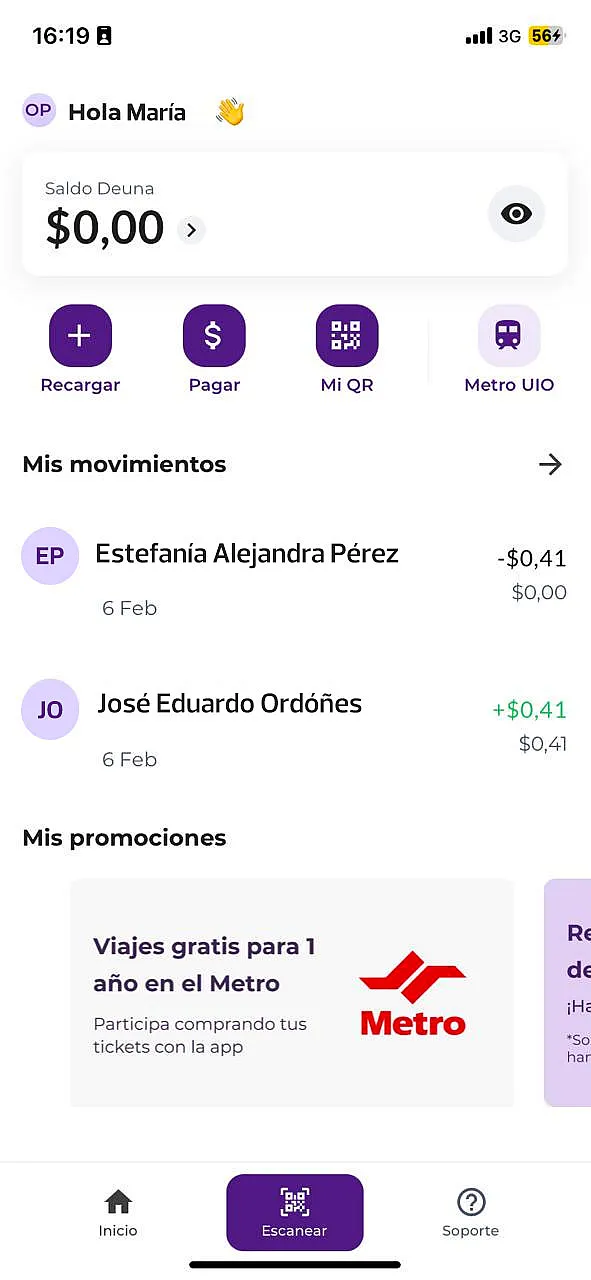 Opciones disponibles en la antalla principal de la app Deuna! 2.0.