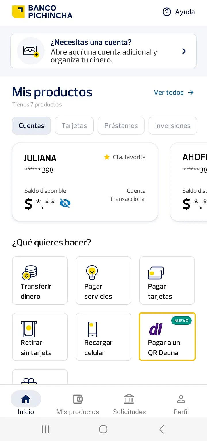 Opción de pago a QR Deuna! en Banca Móvil