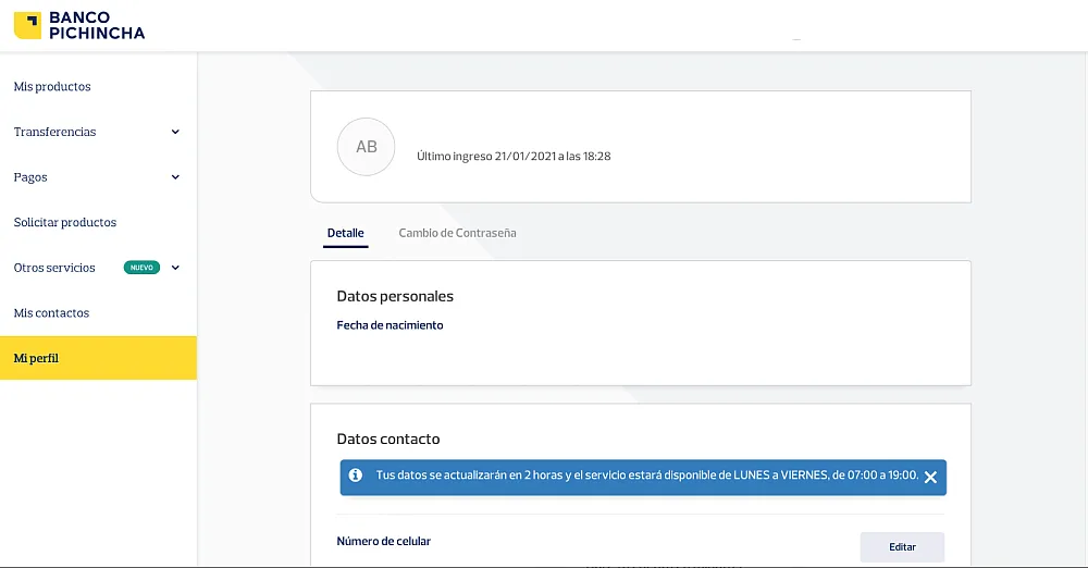 Proceso de actualización de datos en Banca Web.