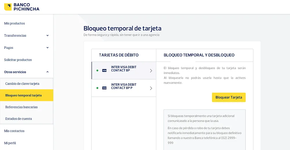 Cómo bloquear la tarjeta de débito por Banca Web