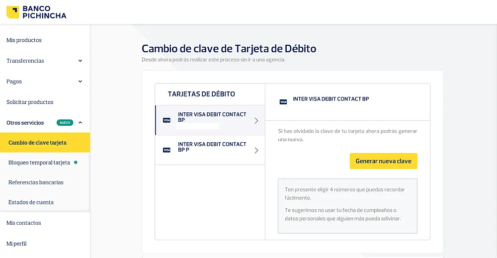 Cambiar clave de la tarjeta de débito en Banca Web de Banco Pichincha"