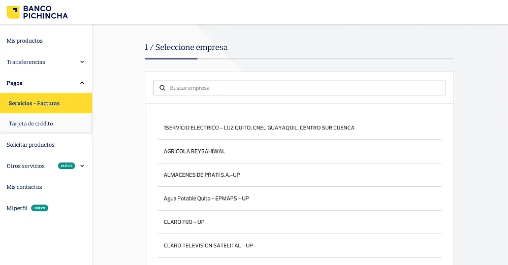 Listado de empresas disponibles para pagos en Banca Web