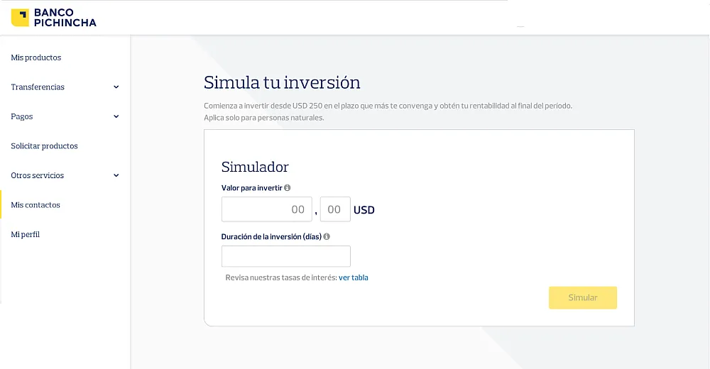 Inversiones en Banca Web de Banco Pichincha