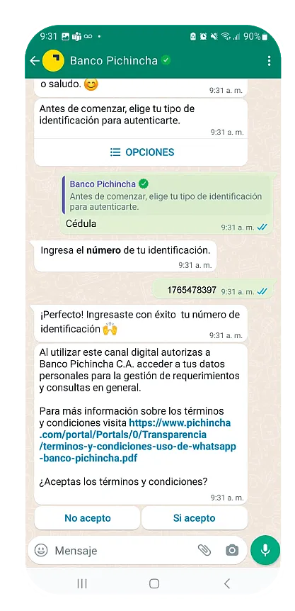 Chat de WhatsApp con Banco Pichincha Ecuador