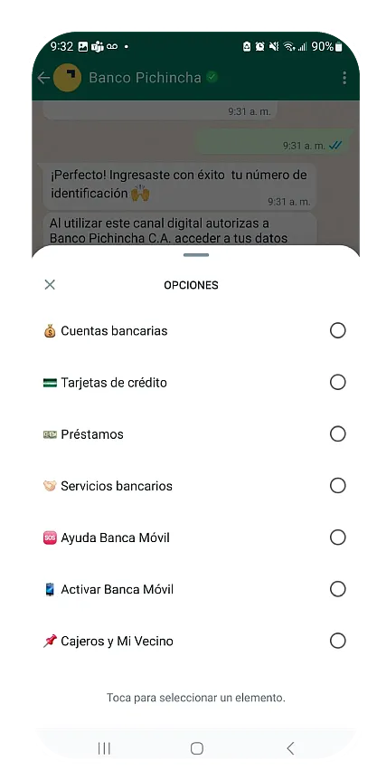 Transacciones que se pueden hacer por WhatsApp de Banco Pichincha