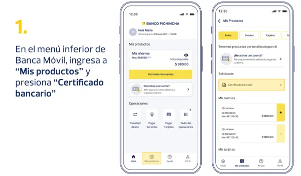 Paso 1 para obtener certificado bancario en Banca Móvil.
